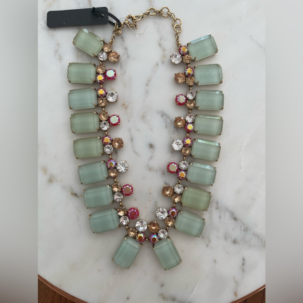 J. Crew Frosted Lucite Rhinestone Statement Necklace Mint Pink & Clear Gold Tone